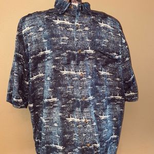 100% cotton Redhead blue distressed fishing Hawaiian shirt, size XL